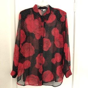 Vintage Sparkly Rose Button Down Blouse